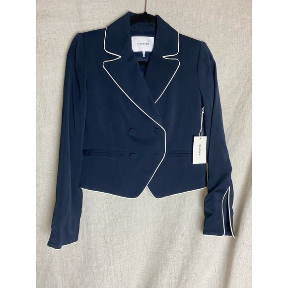 Frame - Double Breasted Piped Jacket in Navy Size 0 NWT - Picture 2 of 9